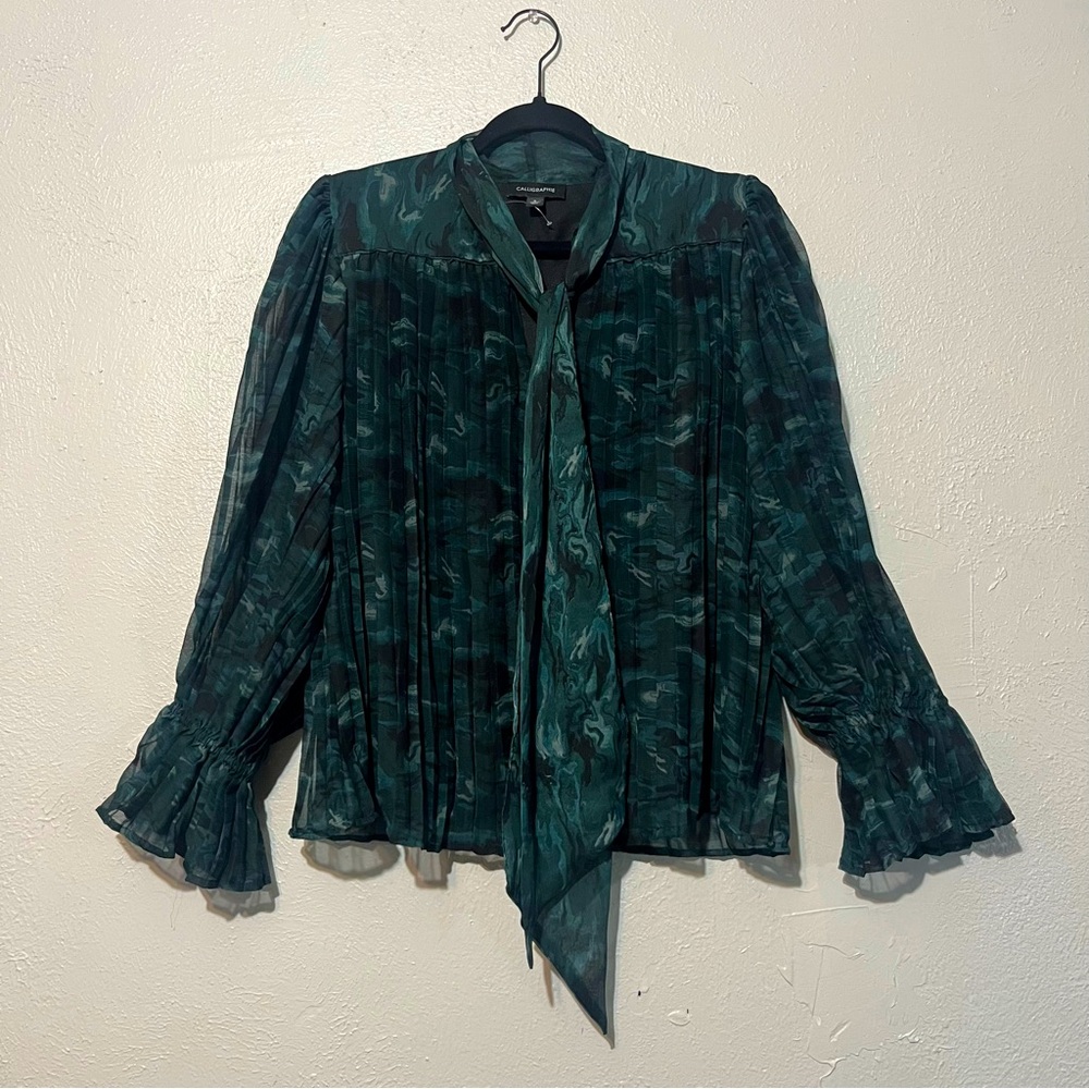 Calligraphie Top Women Green Pleated Sheer Long Sleeve‎ Lined Blouse Size M